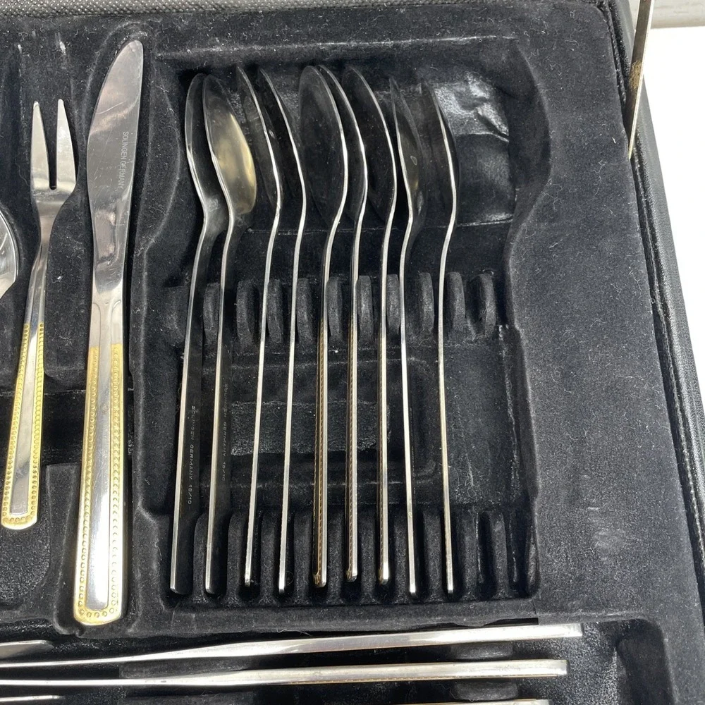 Solingen Germany 18/10 Stainless Gold Trim Flatware 66 Piece‎ Set with Case